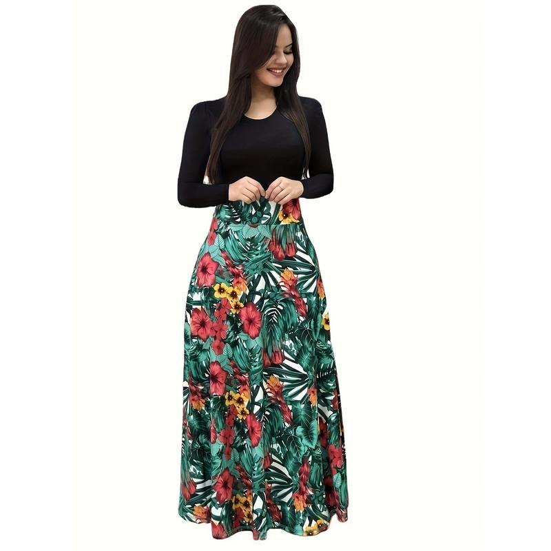 Long Sleeve Elegant Floral Print Maxi Dress, Crew Neck Pleated Women's Clothing Womenswear Geometric