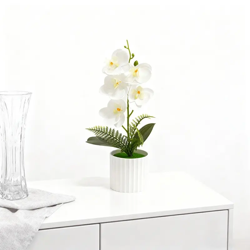 30CM Artificial Flower Bouquet with Pot, Elegant Realistic Orchids & Green Leaves, Unique Faux Floral Arrangement for Wedding Engagement Decor, Indoor Home & Table Centerpiece, Artificial Floral Arrangements