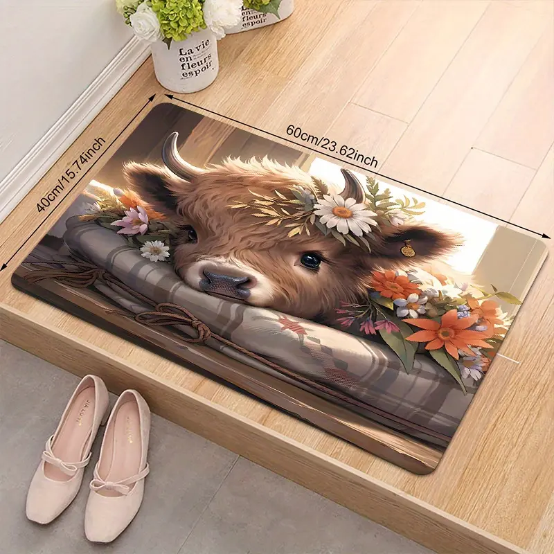 1-Piece Rural Farmhouse Highland Cow Animal-Themed Doormat, Polyester Fiber Artistic Decorative Mat with Printed Surface - Non-Slip, Machine-Washable for Foyer Entry Indoor Use, Animal-Themed Doormats