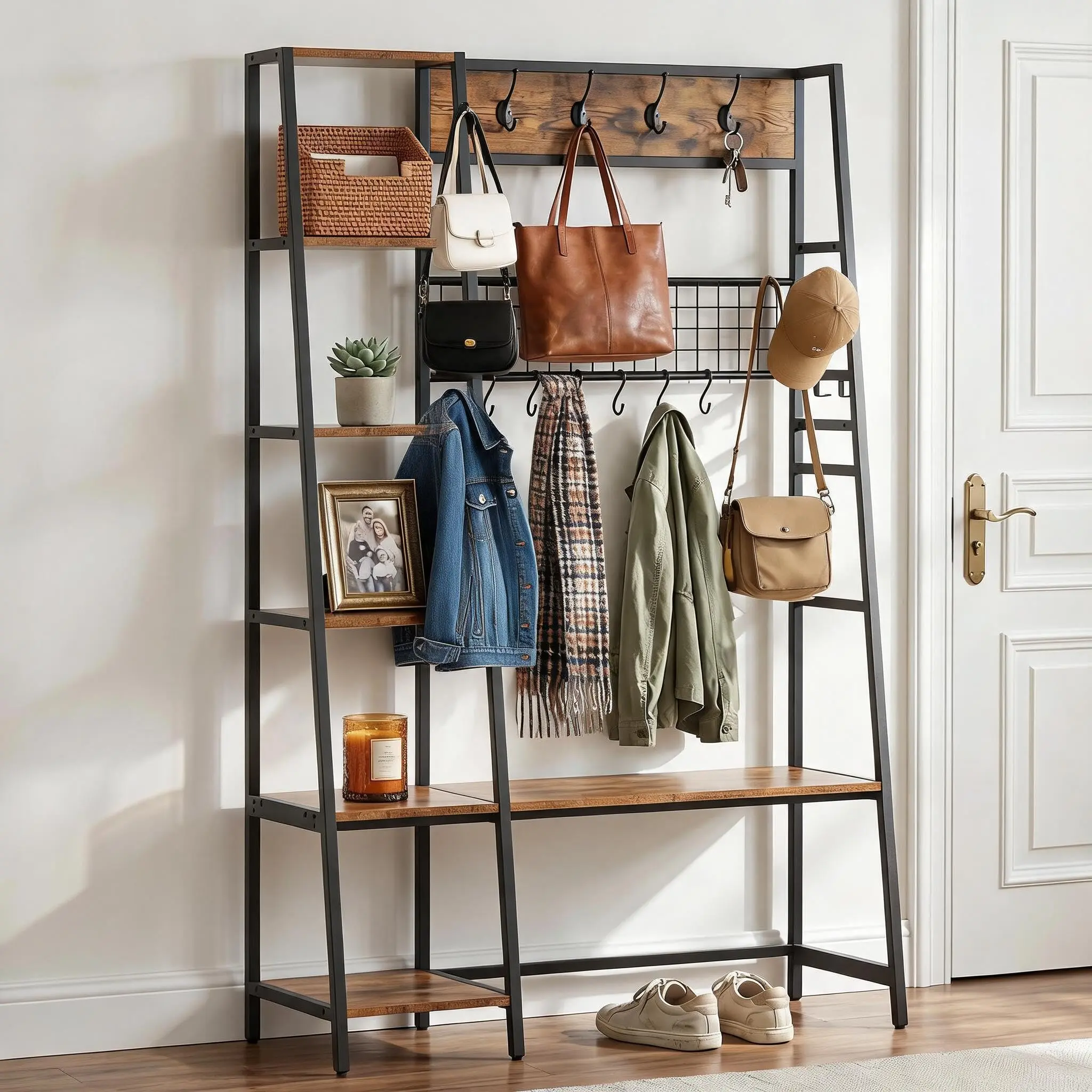Garvee Industrial Wood & Metal Organiser Hall Tree with Bench - 11 Hooks - 5-Tier Adjustable Side Shelves - Entry Storage Coat Rack & Shoe Holder - Rustic Brown, Matte Black, Vintage Finish