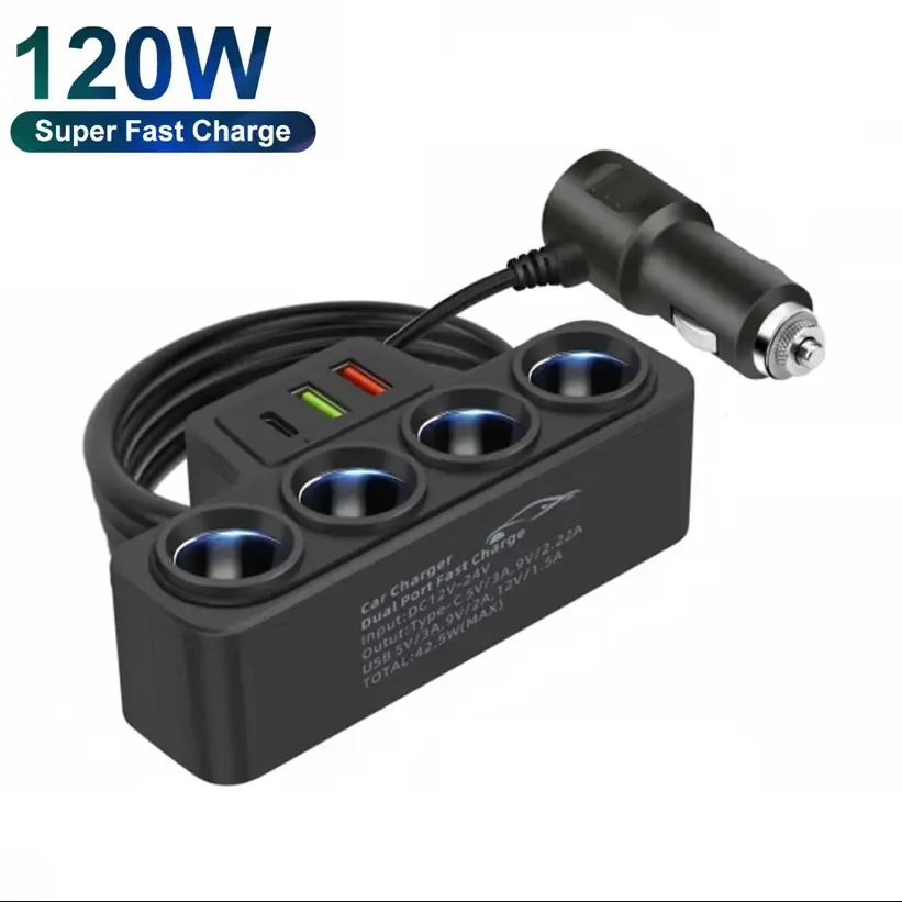 3 in 1 USB Type C Socket 120W Car Cigarette Lighter Splitter 12V 24V Fast Charger Phone Power Adapter for Car DVR GPS Dashcam, 120W Output