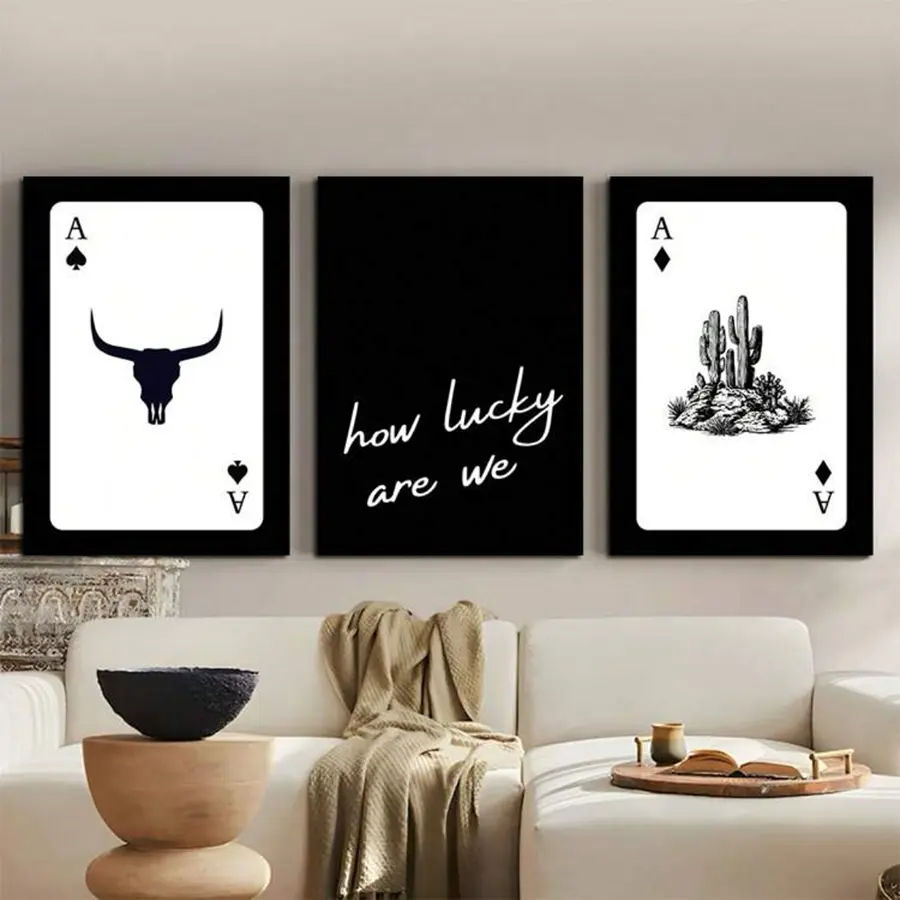 3-Piece & Bull Cactus Poker Card Set, Minimalist Art Poster, Modern Canvas Wall Decor, Unframed Living Room Decoration