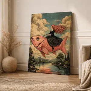 Woman Riding Giant Pink Fish Vertical Canvas Wall Art, Whimsical Fantasy Poster, Home Decor for Living Room Bedroom Nursery, Available as Unframed Canvas Poster or Framed Canvas Wrap
