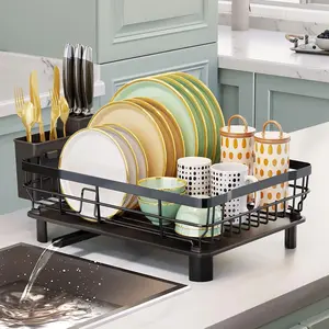 Iron Dish Drying Rack Dish Drainer – Automatic Drainage, Removable Cutlery Basket, with Drainboard & Knife Slots, for Kitchen Counter, Black, Large