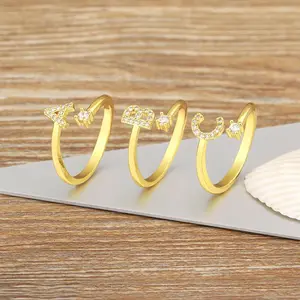 Nidin New Fashion A-Z Letters Pave Shiny Crystal Zircon Open Rings Adjustable Initials Alphabet Girls Boys Finger Jewelry Gifts