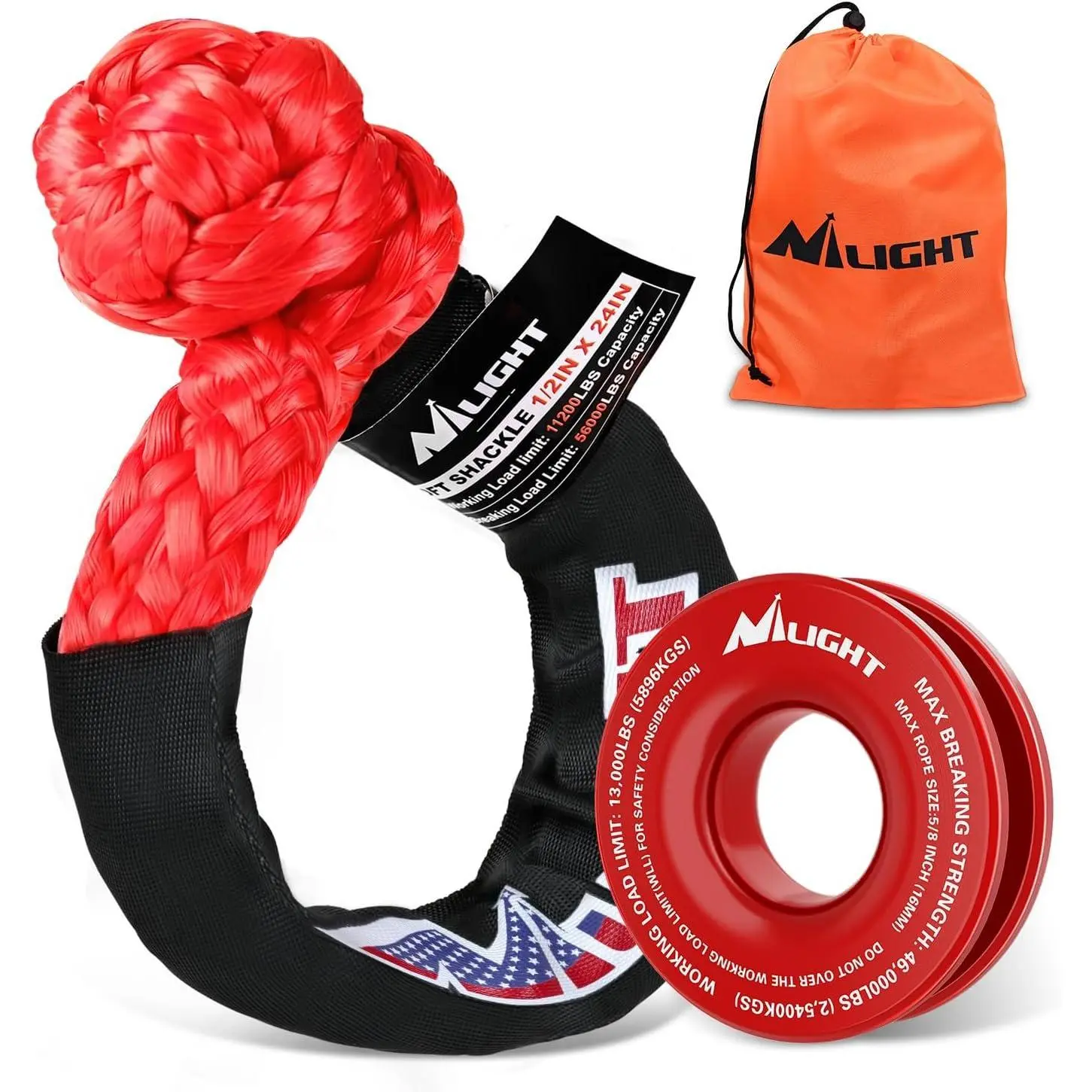 Nilight Double Braided Synthetic Soft Shackle Kit - 1/2 in x 24 in Rope with Ring, 56000 LBS Breaking Strength, 46000 LBS MBS Snatch Pulley for 4x4 Truck Off-Road Extraction (Red), Double Braided Shackles, Rope With Ring Shackles