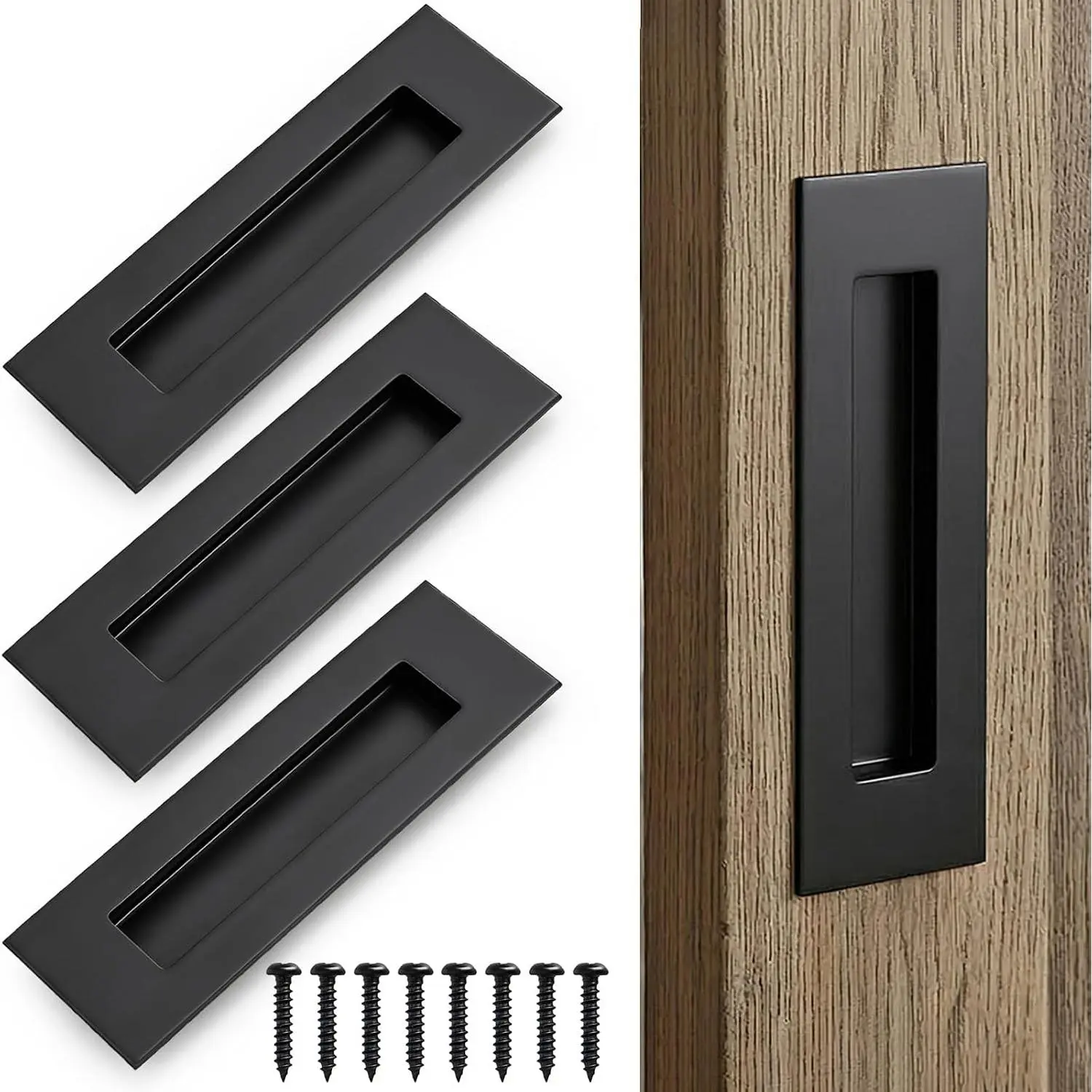 4 Pack 6" Matte Black Rectangular Recessed Finger Flush Door Pulls | Stainless steel hardware for pocket & closet door, sliding barn door, cabinet, and drawer. Sleek and durable modern design