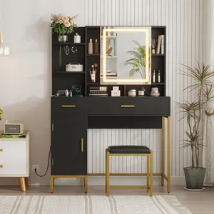Makeup Vanity Desk with Lighted Mirror - 3-Color LED Lights, Charging Station, Storage Drawers - Modern Bedroom Vanity Table for Girls and Women