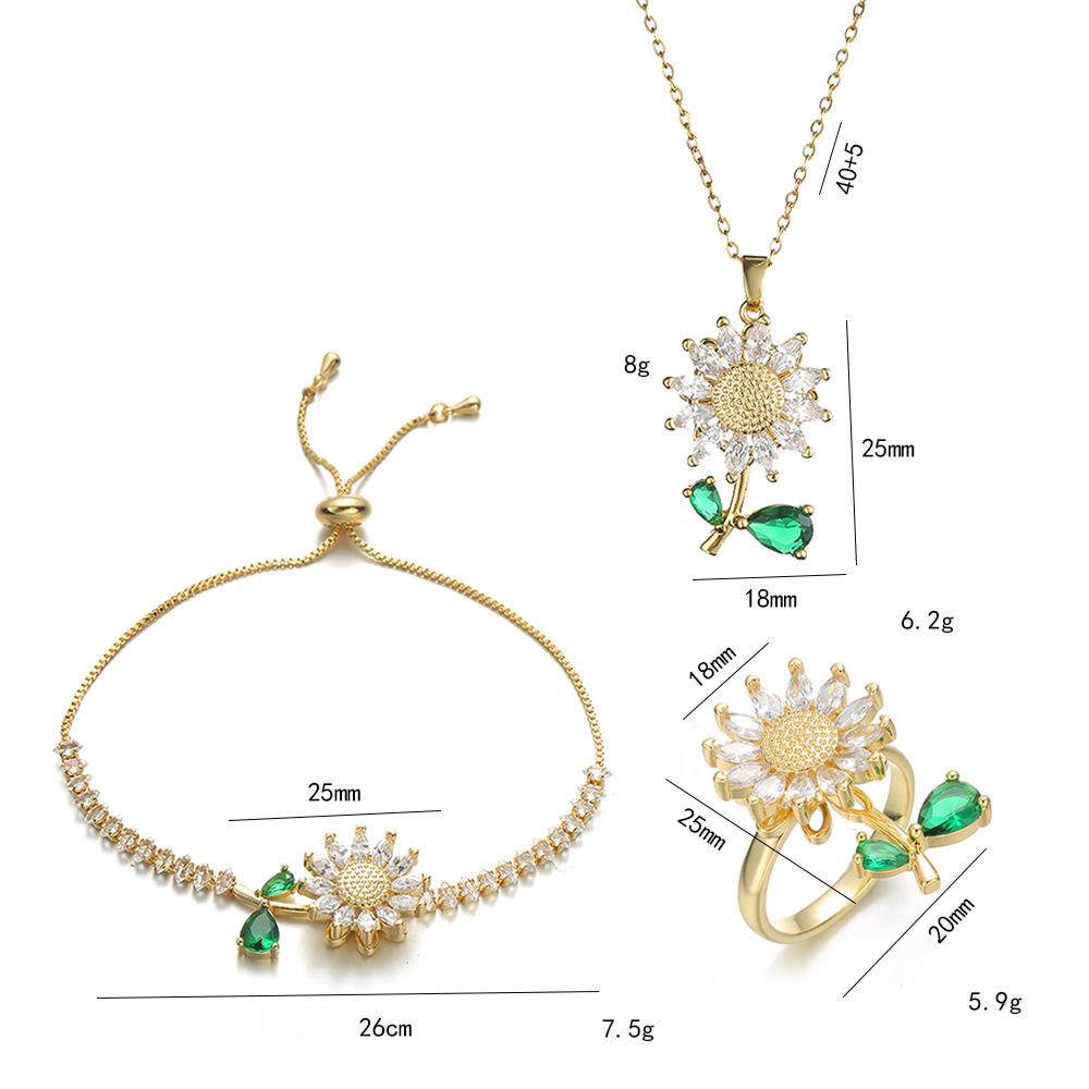 3PCS Jewelry Set, Green Leaf, Rotating Sunflower Zircon Necklace Ring Bracelet Fashion Suit Clavicle Chain