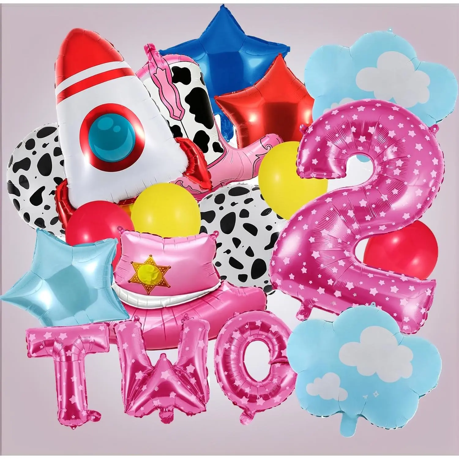 17Pcs Cartoonish Toy-Inspired Birthday Party Decor Kit, Blue Sky Cloud Shapes Cowgirl Hat Boots Rocket Balloon Set & Infinity and Beyond Theme 2nd Birthday Supplies (Toys & Hobbies DIY Decor)