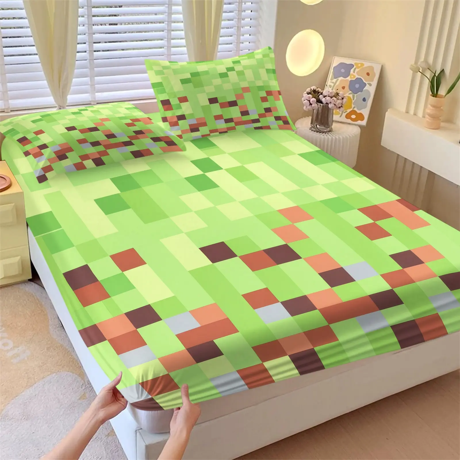 Green Pixel Block Print Fitted Sheet Set, 1 Fitted Sheet & 2 Pillowcase, Sandbox Game Block Pixel Style Bedding All Size, Skin‑friendly Breathable Non‑slip Elastic Pocket Edge Fitted Sheet, Gamers & Teenager Bedroom Decor