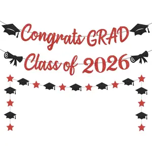 Glitter Red Graduation Decorations Banner,Black and Red Class of 2026 Banner,Congrats Grad Banner and Graduation Caps Garland,Pre-Strung Graduation Banner for Graduation Decorations 2026