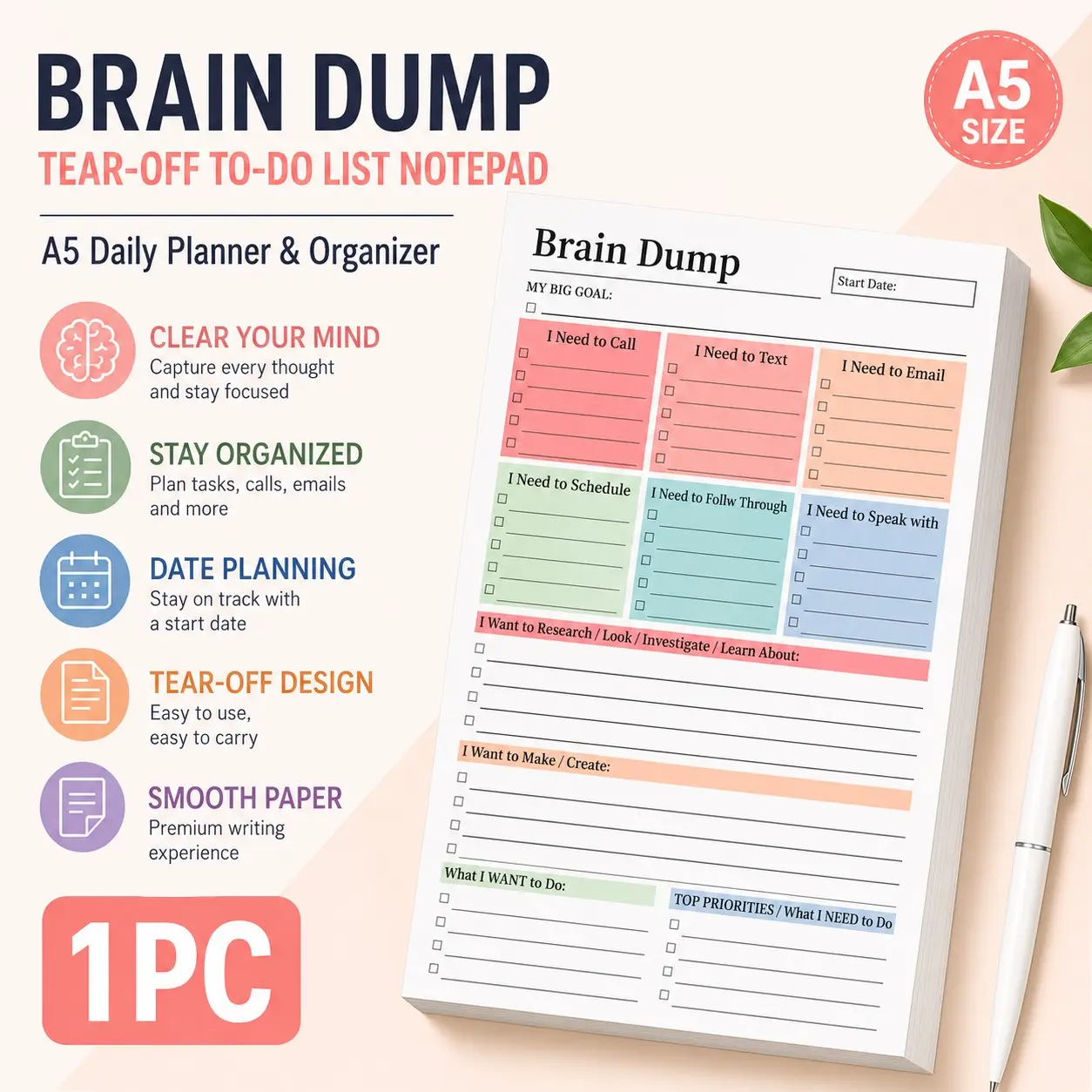 A5 Tear-Off To-Do Notebook, Daily Planning Journal, High-Performance Planner, Minimalist Design, Date Pages, Smooth Paper