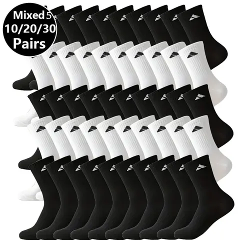 Men's Knee-Length Thick Moisture-Wicking Sports Socks (5/10/20/30 Pairs) - Elastic Ribbed Top, Arch Support, Breathable, Durable, Casual Basic, Suitable for Basketball, Hiking, Autumn Winter Use