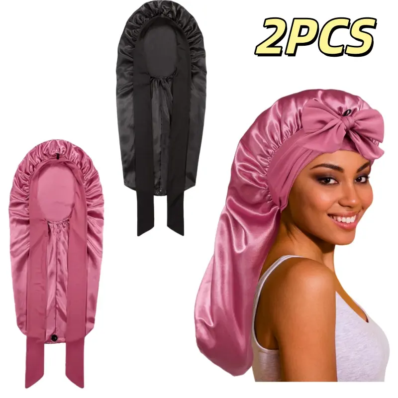 2pcs Elongated Satin Sleep Caps, Specially Designed for Women'S Nighttime Hair Care. They Feature Adjustable Straps That Fit Snugly And Don'T Come Off Easily. These Are Essential for Daily Home Sleeping