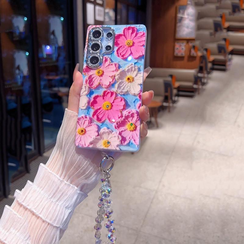 For S25/24/23/S22 blue light oil painting Green and Pink flower shell anti fall protective cover  HN201