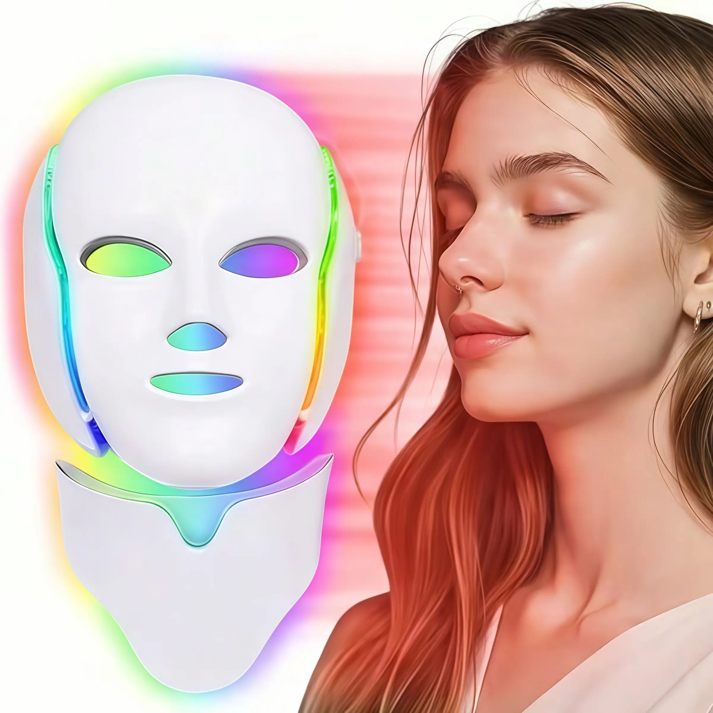 Seven-Color LED Photorejuvenation Light Therapy Mask - American Standard Home Plug-In At Home Facial and Neck Care Device, Colorful Blue and Red Light Beauty Equipment for Facial Care, ABS Beauty Product, Facial Beauty Machine, Ideal Gift