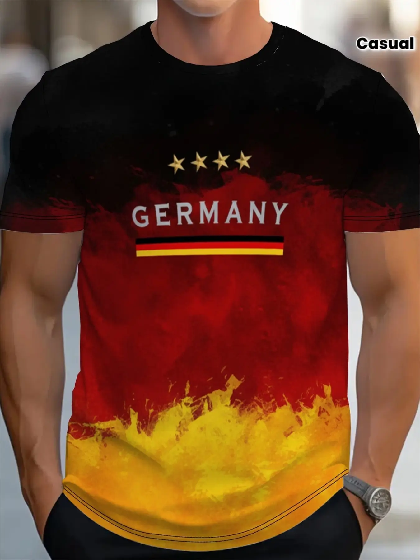 German Men's T-Shirt, Round Neck Short Sleeve Design, Letter Pattern, Casual Top, Breathable Sporty Style, Slim-Fitting, Classic