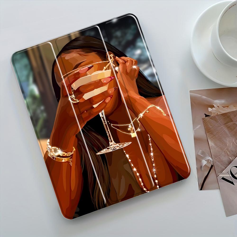 Glamorous Cocktail Lady Design Three-tiered stand iPad case, Transparent Acrylic Hard Back Panel With Pencil Slot, Suitable for All models ipad.Scratch-resistant Ultra-thin Protective Case, Shock-resistant Full Cover for Offices Schools Home Tablet Casing