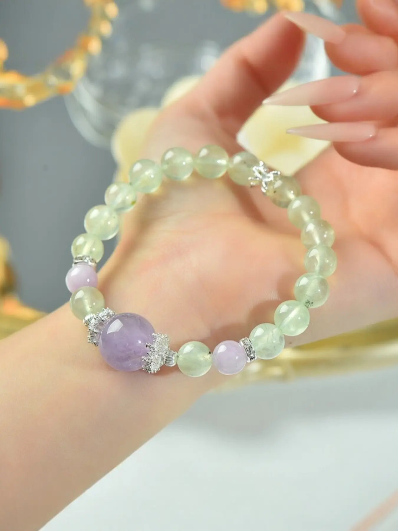 Natural Agate Design Bracelet, Featuring Natural Nine-Tailed Fox Fluorite Bead, Lithium Bead, Elegant Handmade Jewelry