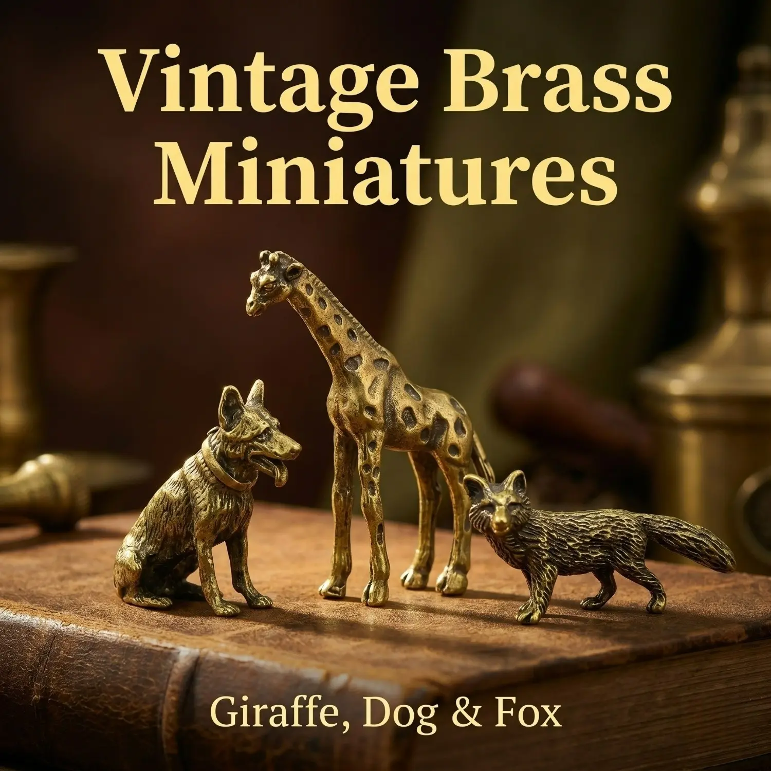 3pcs Vintage Brass Mini Animal Figurines, 3 Styles (Giraffe/ Sitting Dog/ Walking Fox) Solid Cast Small Desktop Ornament for Home Office Decor, Collectible Brass Hand Piece