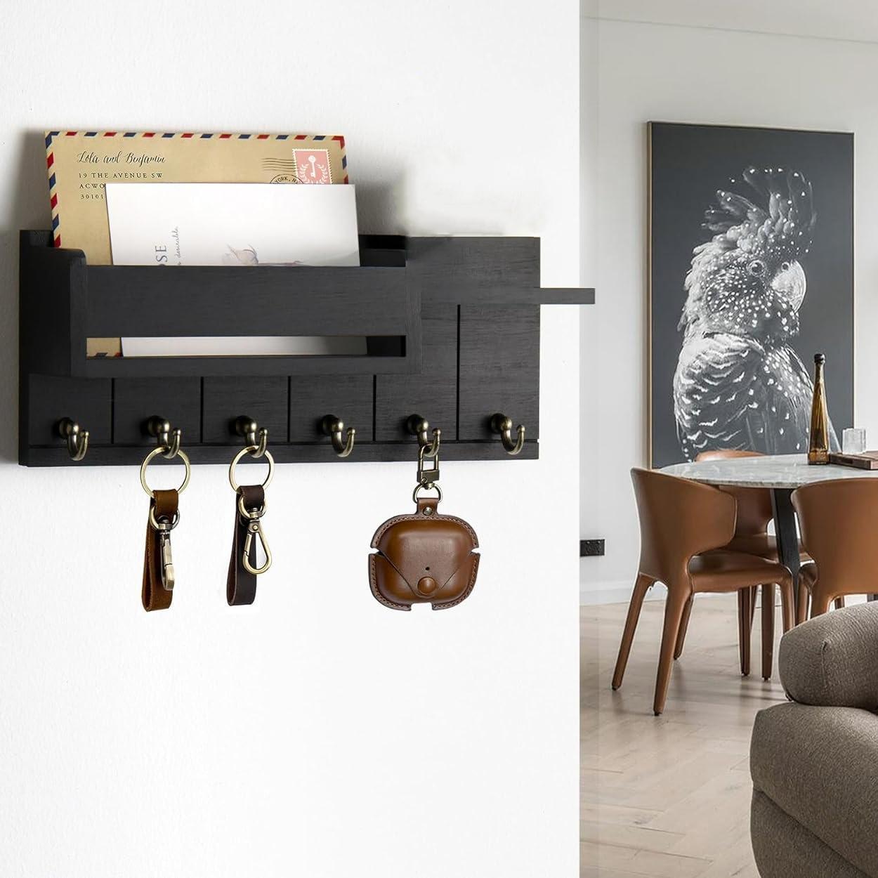 Wall-Mounted Key Organizer, Wooden Wall Shelf with 6 Key Hooks and Mail Sorter, Home Organizer for Entryway and Living Room