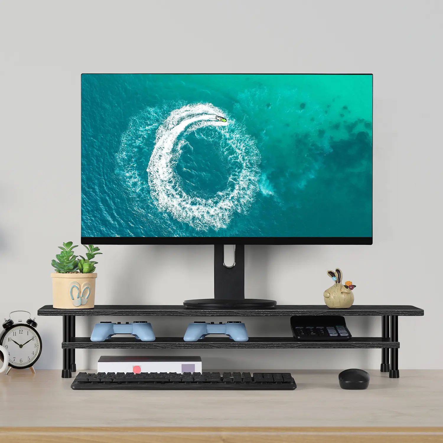 2-Tier Computer Monitor Stand Riser, Wooden Monitor Stand with Open Storage Shelf, Ideal Viewing Height, Sturdy and Durable, Easy To Install, Office Storage, Father's Day Gift Ideas