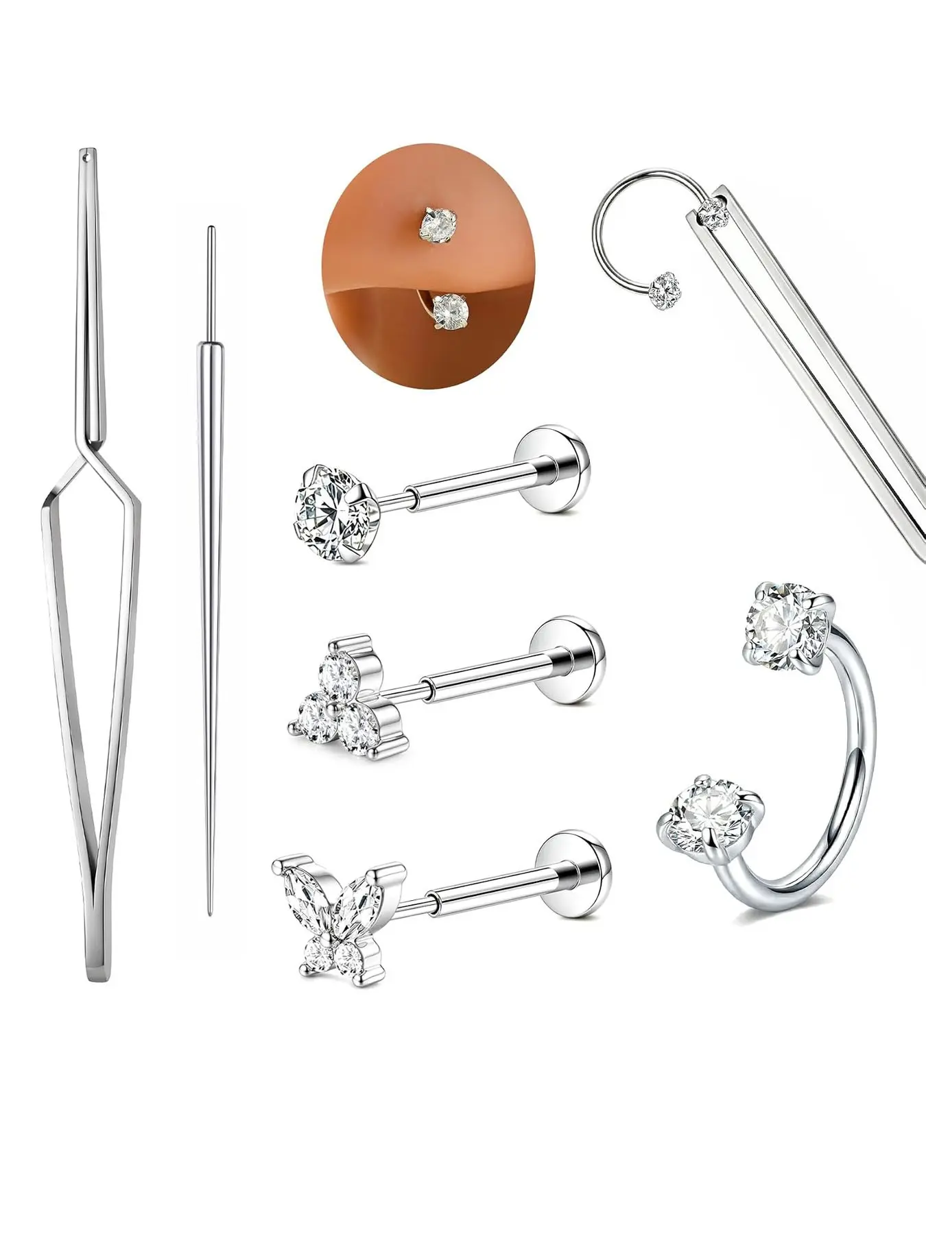 18G Flat Back Nose Stud Threadless Earrings, Tragus Cartilage Piercing Jewelry, Double Zircon Horseshoe Nose Ring for Women, Nose Rings Set