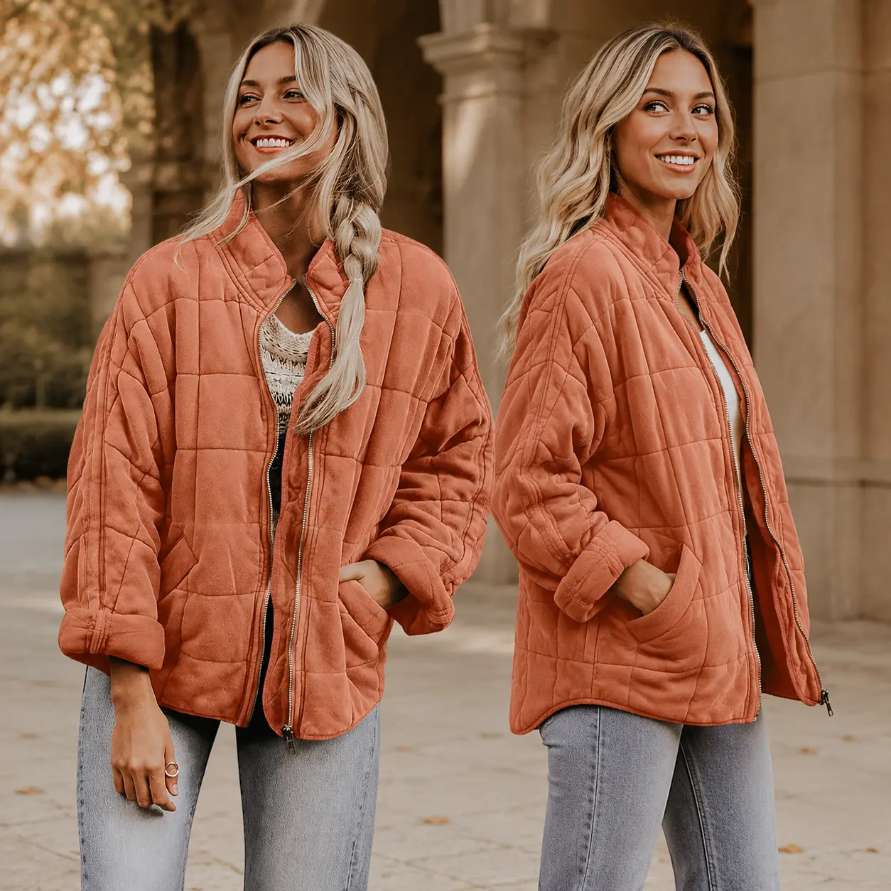 Women's Oversized Quilted Jacket, Full-Zip Casual Coat with Stand Collar, Grid Stitching and Pockets for Fall, Winter, Travel and Daily Wear