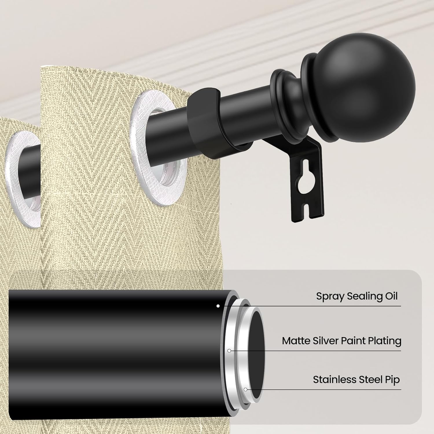 Curtain Rod Set for Windows 28 to 60 Inch - 5/8'' Black Heavy Duty 2 Pack - Decorative Window Curtains Rod with Brackets for Kitchen, Bathroom, Sliding Cafe Curtain Rods Door(2.4-5 Feet)