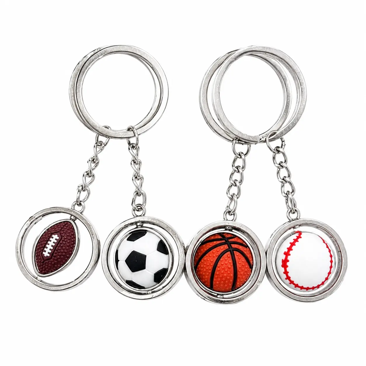 Compact Rotating Sports-Themed Keychain Featuring Mini Basketball, Football, Golf Ball, and Baseball Designs in Durable Metal Construction – Ideal for Athletes, Coaches, and Sports Enthusiasts as a Functional Everyday Carry or Thoughtful Gift