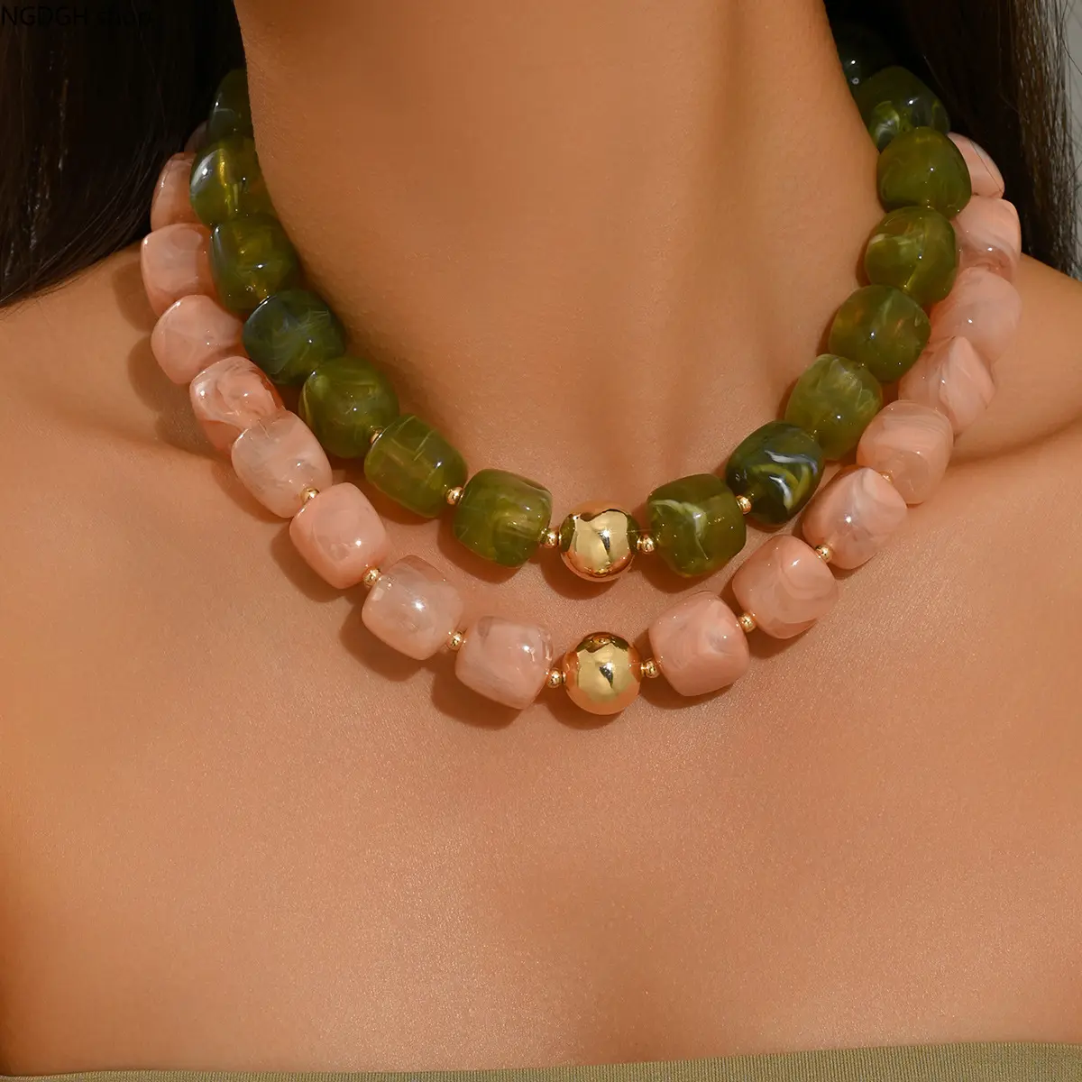 Women's Chunky Layered Statement Necklace with Green & Pink Stone Beads, Gold-Tone Elegant Jewelry for Daily Wear & Parties (Sports & Outdoor Accessory Complement)