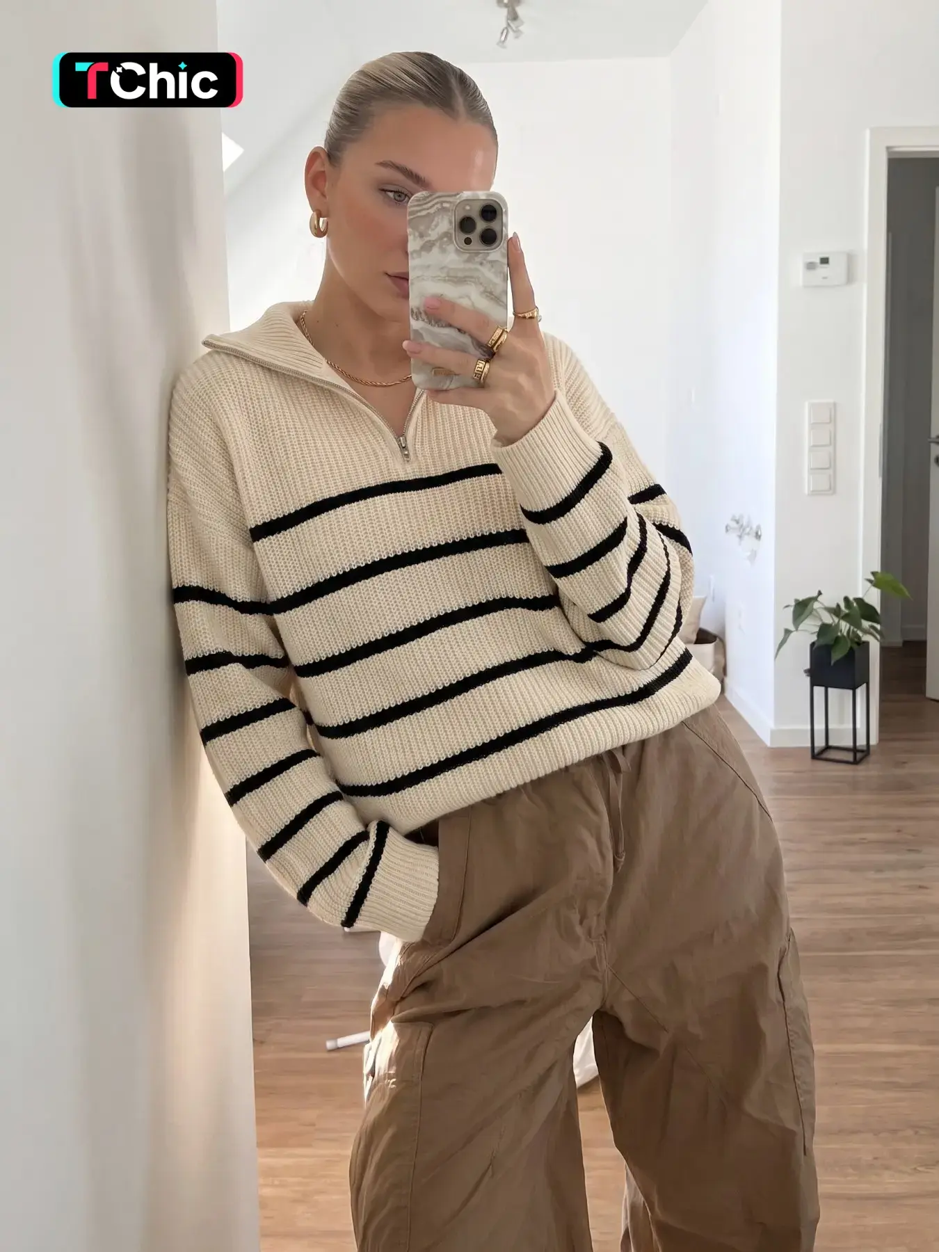 Women's Striped Print Half Zip Drop Shoulder Knit Top, Casual Long Sleeve Collared Jumper for Fall & Winter, Fashion Ladies' Knitwear for Daily Wear