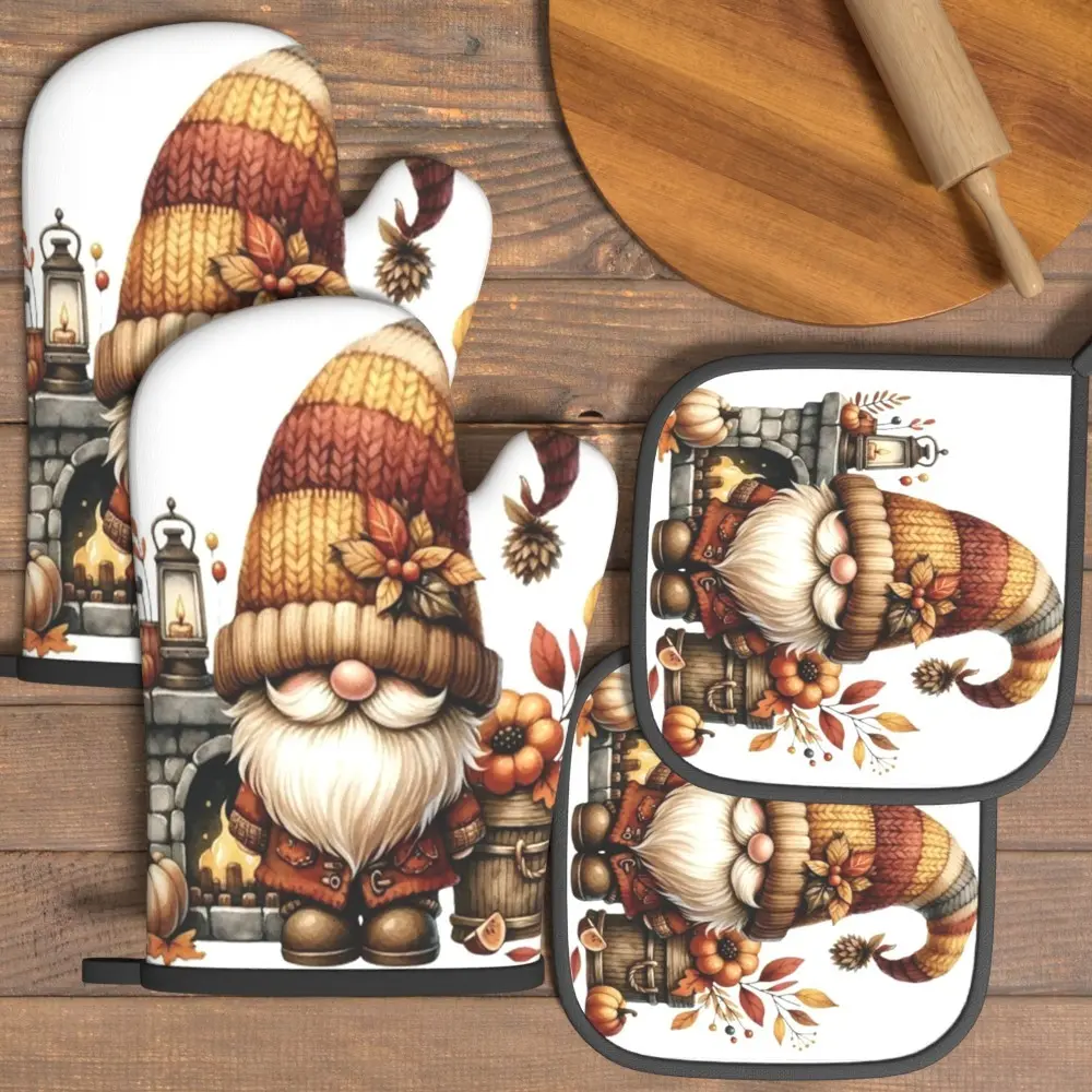 2/4Pcs Oven Mitt & Pot Holder Set | Autumn Pumpkin Gnome Vintage Fireplace Print Heat Resistant Kitchenware Bakeware Set, Ideal for Daily Cooking, Home Oven Use, Baking, Kitchen Decor and Housewarming Gifts