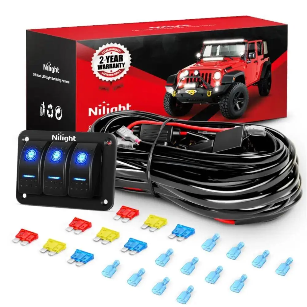 Nilight 16AWG Automotive Wiring Harness Kit - ABS+PC Construction, 6 Leads, 3-Gang Rocker Switch, 9 Fuses, 12 Spade Connectors, 2 Automotive Relays, Water Resistant Fuse Holder for Cars, Jeeps LED Illumination Light Control