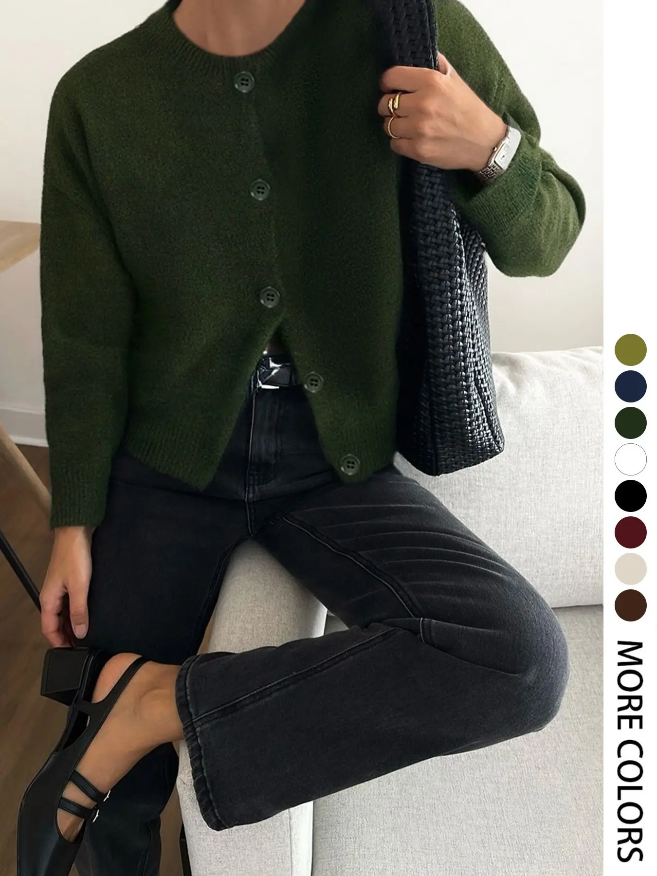 Elegant Women's Fall Winter Fashion Casual Home Office Commute Basic Simple Loose Solid Knit Button Front Shirt Round Neck Long Sleeve Sweater Coat Top Knitwear