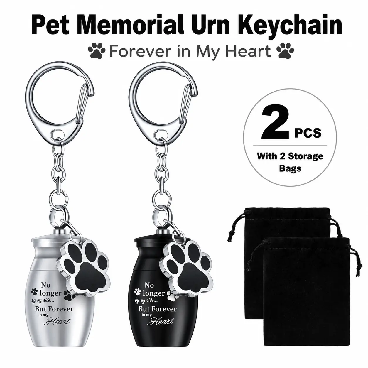 2 Pcs Pet Dog Urns Keychain for Ashes with 2 Storage Bags Small Cat Cremation Keepsake Jewelry Paw Print Memorial Urn