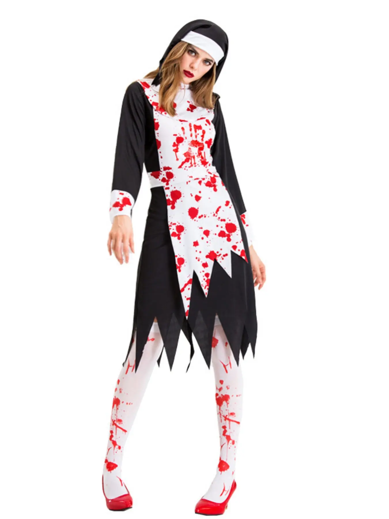 Halloween Zombie Nun Dress, Blood Stain Long Robe, Halloween Costume and Role Play Dress, Perfect for Halloween Parties and Events