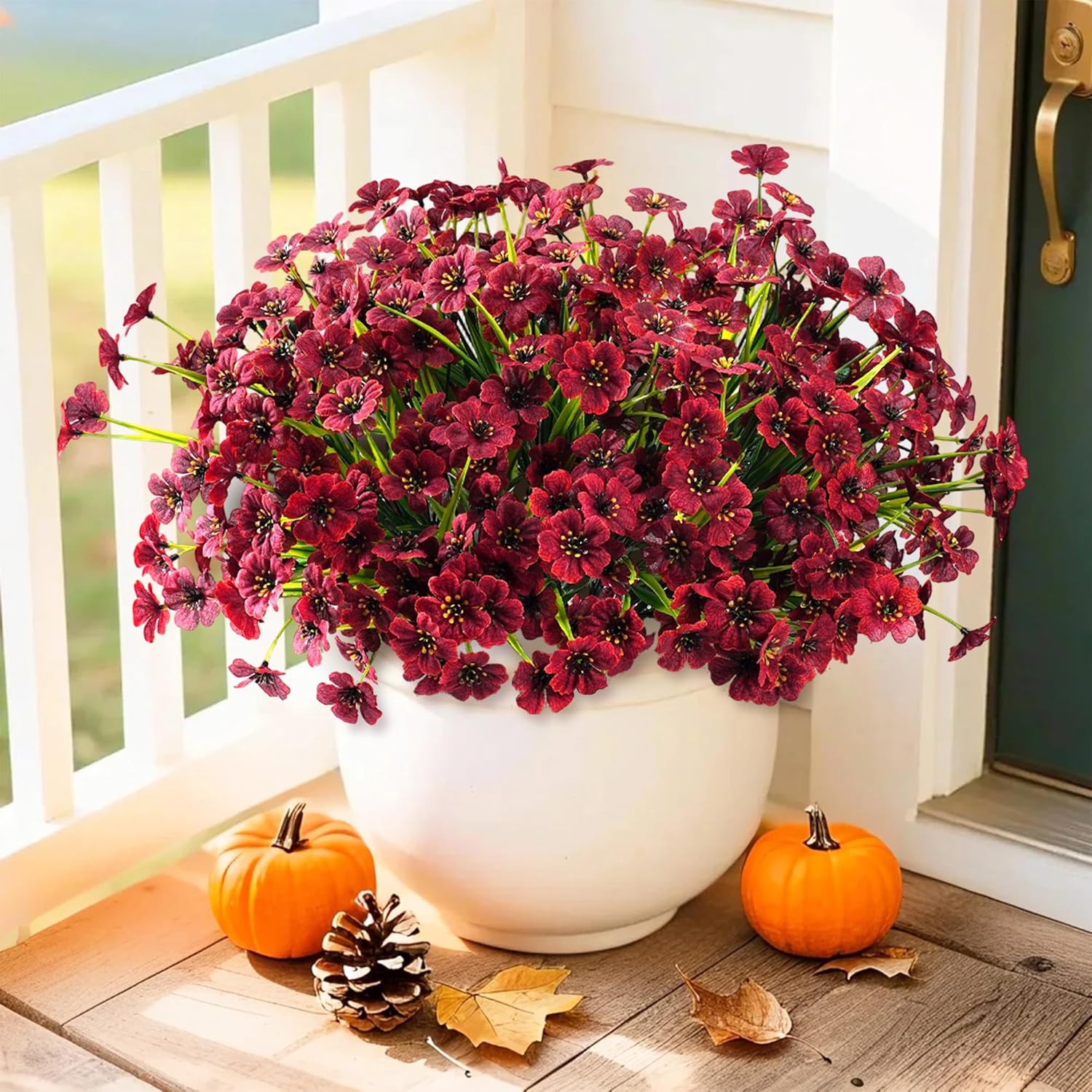 Artificial Fake Plants Flowers, Artificial Potted Flower for Outdoor Outside Fall Decoration,12 Bundles Faux Silk Daisy in Planter UV Resistant Look Real for Home Front Door Porch Patio Garden Balcony Autumn Decor(Brown)