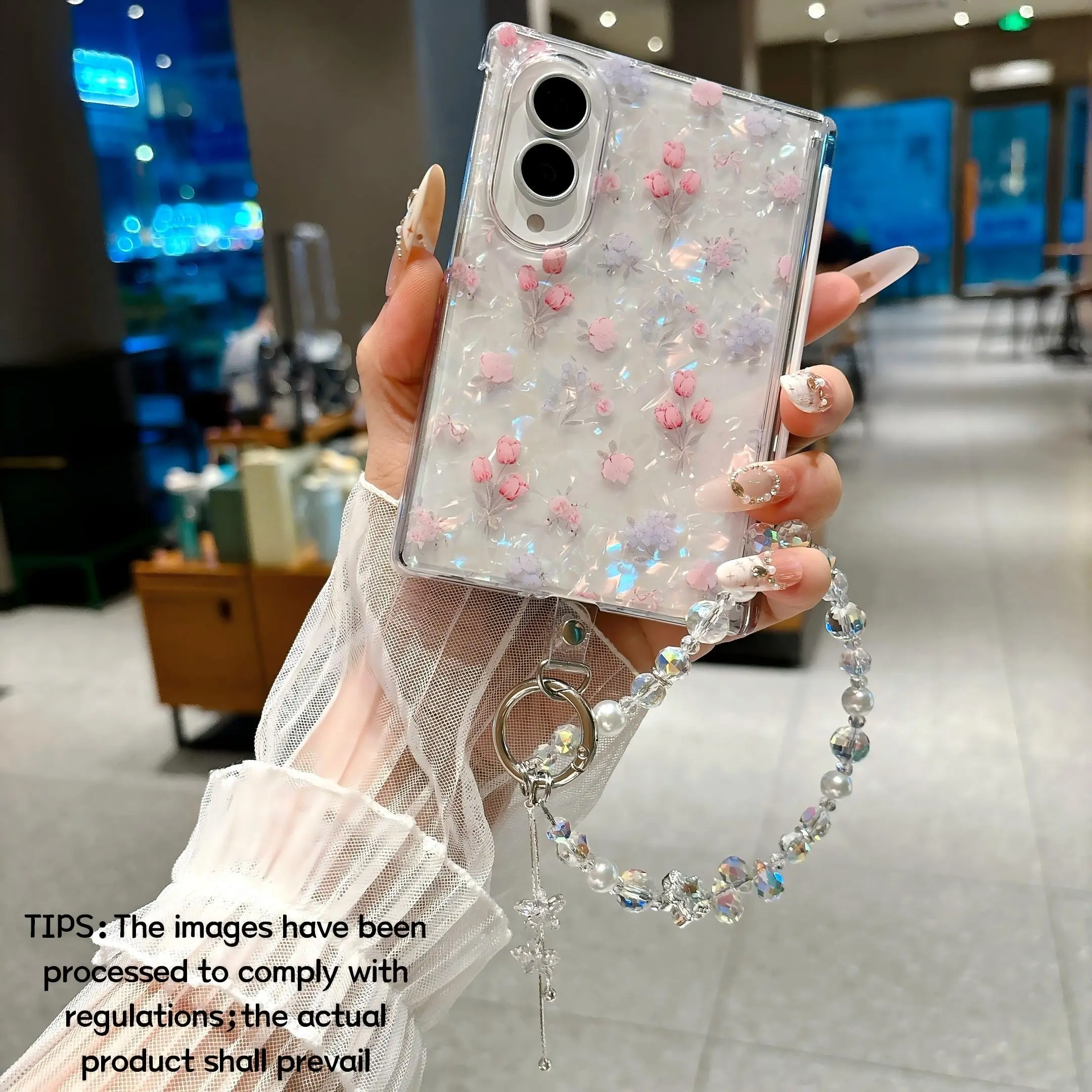 Shell Pattern & Magnetic Middle Axis Phone Case, Optional Bracelet, Samsung Galaxy Z Fold 8, Vintage Floral, Minimalist Summer Style