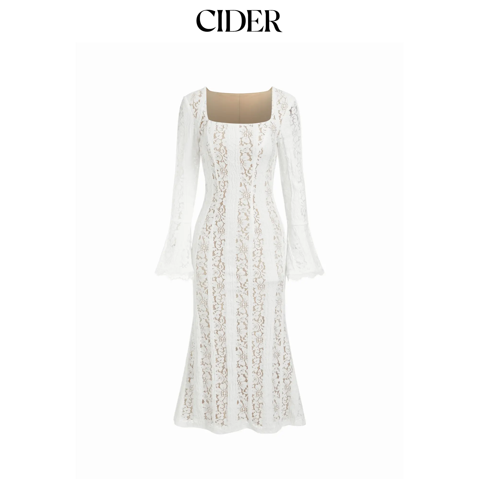 Cider Women's Floral Lace Square Neck Bell Sleeve Mermaid Maxi Dress