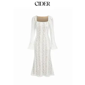 Cider Women's Floral Lace Square Neck Bell Sleeve Mermaid Maxi Dress