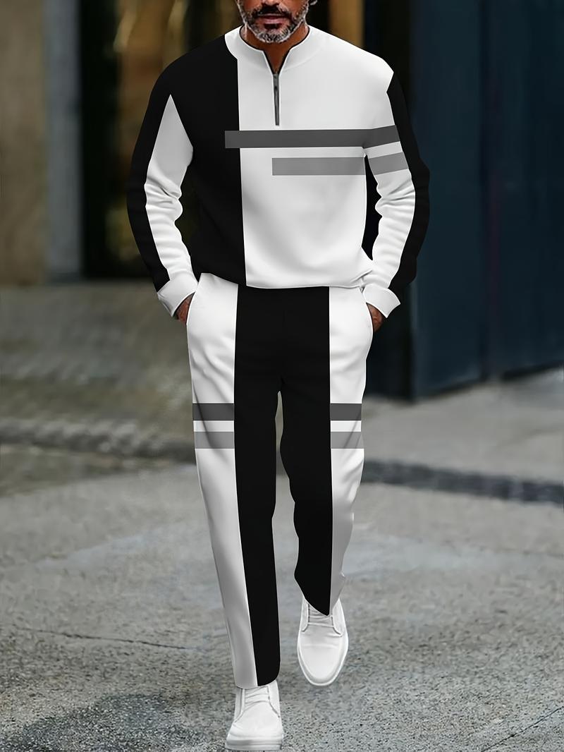 The new men's color-blocked sports suit, featuring a white half-zip sweater paired with matching trousers, is adorned with black and yellow stripes, exuding a trendy vibe. The fabric is comfortable and skin-friendly, suitable for daily commuting and casua The new men's color-blocked sports suit, featuring a white half-zip sweater paired with matching trousers, is adorned with black and yellow stripes, exuding a trendy vibe. The fabric is comfortable and skin-friendly, suitable for daily commuting and casua