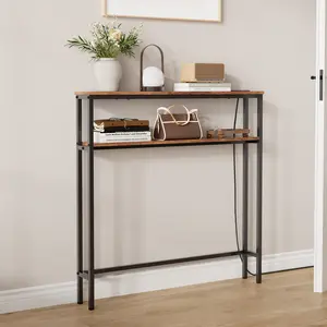 2-Tier Narrow Sofa Table – Slim Console Table with Power Outlet – Space-Saving Metal & Wood Entryway Table – Modern Industrial Design – Storage Shelves for Living Room, Hallway, Foyer – Rustic Brown