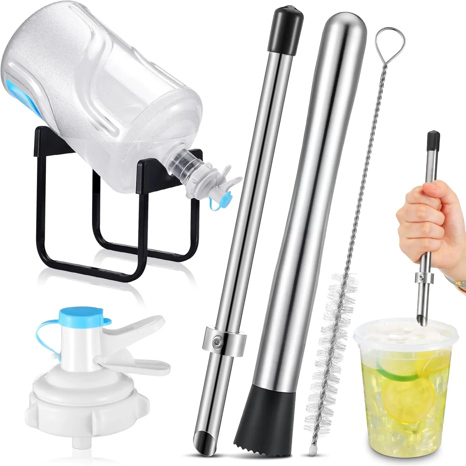 Lemonade Stand Supplies Include Stainless Steel 3-5 Gallon Water Jug Stand, Dispenser Valves, Straw Brush, Straw Puncher for Plastic  Lemonade Cups with 9.8 Inch Stainless Steel Muddler