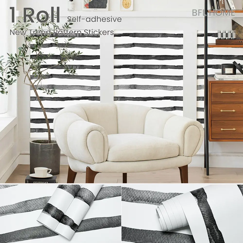 1 roll of black striped self-adhesive paper, featuring a minimalist and trendy style, available in multiple lengths, easy to peel and stick, easy to clean, suitable for decorating walls and furniture surfaces.