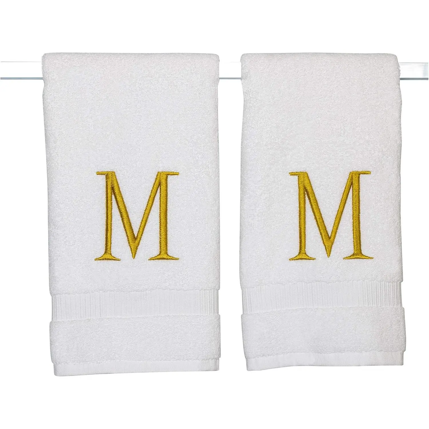 White with Gold Monogrammed Hand Towels for Bathroom - Set of 2 Letter M | Luxury Hotel Quality Initial Towels For Powder Room, Spa, GOTS Organic Certified