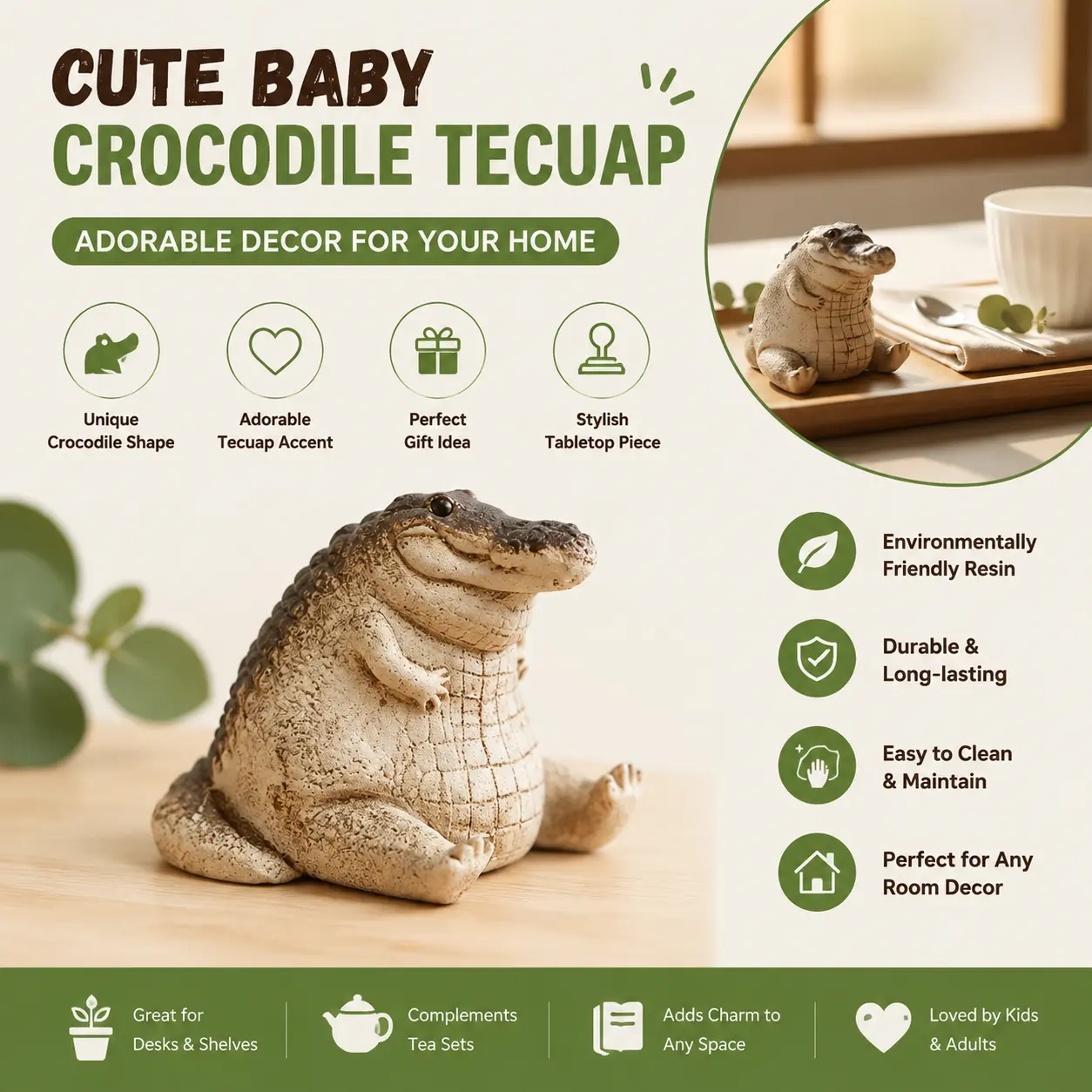 Baby Crocodile Shaped Tea Cup Decoration, Creative Cute Crocodile Tea Cup Ornament, Decor Figurine, Cute Animal Design, Home Decor for Living Room Bedroom Office, Resin Animal Sculptures, Resin Animal Ornaments, Decorations And Ornaments-YY0