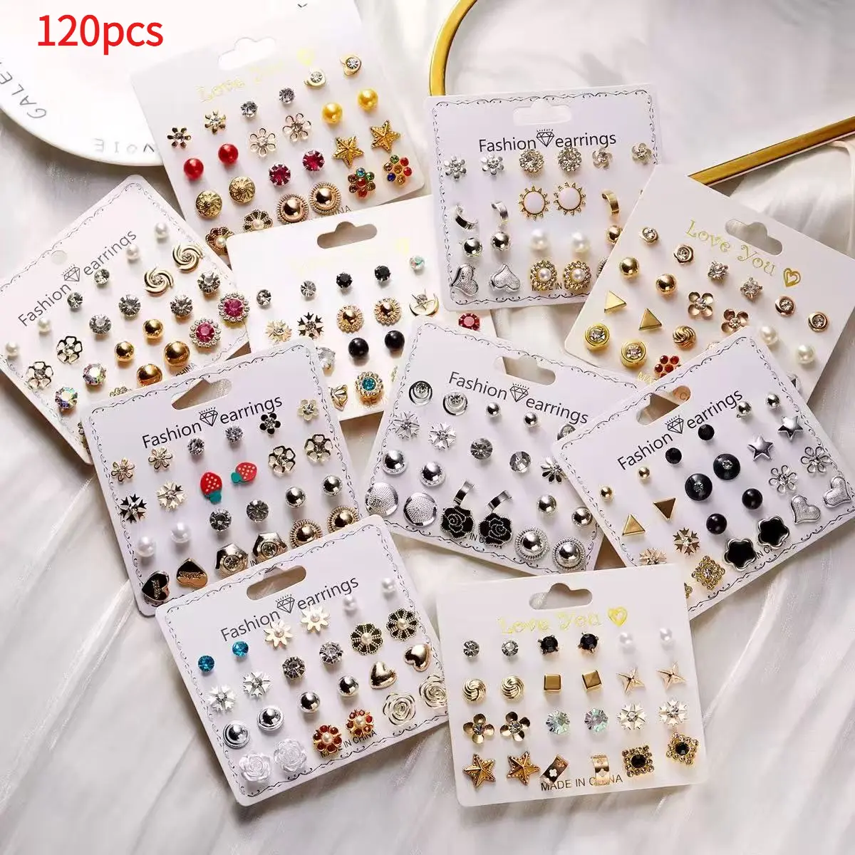 Women's 120-Pair Stud Earring Pack - Fashionable Jewelry Accessories, Butterfly Heart, Heart Shaped Earring, Daisy Flower, Strawberry, Multi-Month Design Jewelry Accessory Combo, Ideal Gift