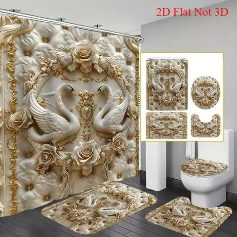 Swan Pattern Bathroom Decorations, 4 Counts/set Decor Set Including Decorative Shower Curtain, Toilet Lid Cover, Mat and U-Shaped Mat, Restroom Bathroom Accessories, Shower Curtain Sets, Shower Curtain Set For Bathroom, Shower Curtain Set With Rugs